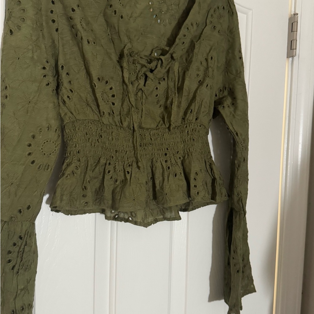 Olive Green Eyelet Lace Women's Top